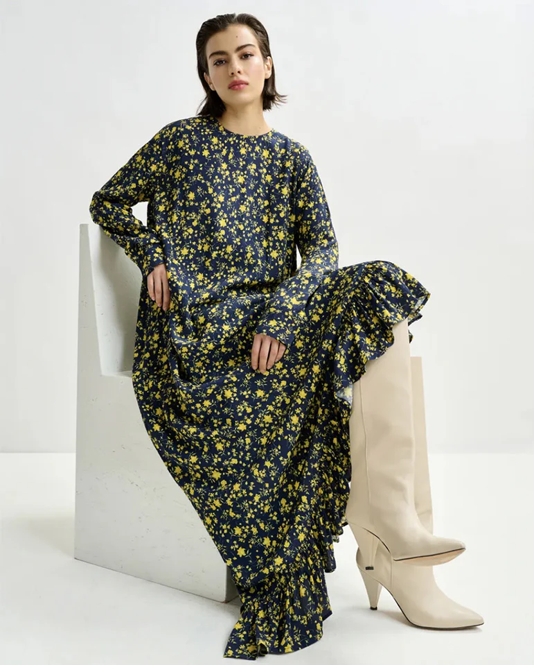 Igraine Ruffle Midi Dress - Navy Combo - Image 4