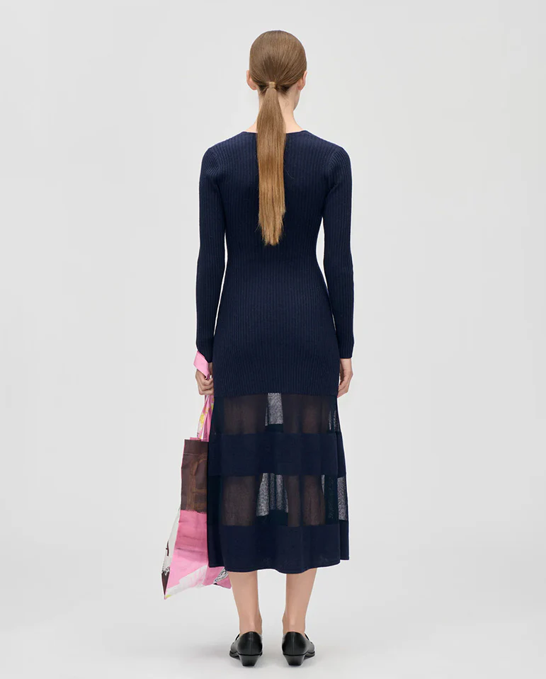 Scoop Neck Fitted Long Dress - Navy - Image 3